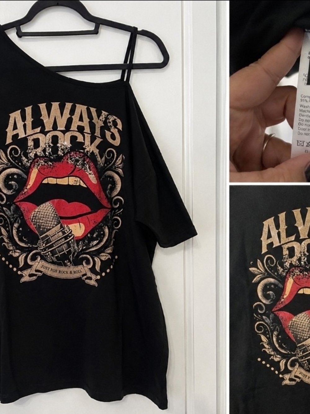 SHEIN Black Graphic 'Always Rock' Cold-Shoulder Tee with Red Lips